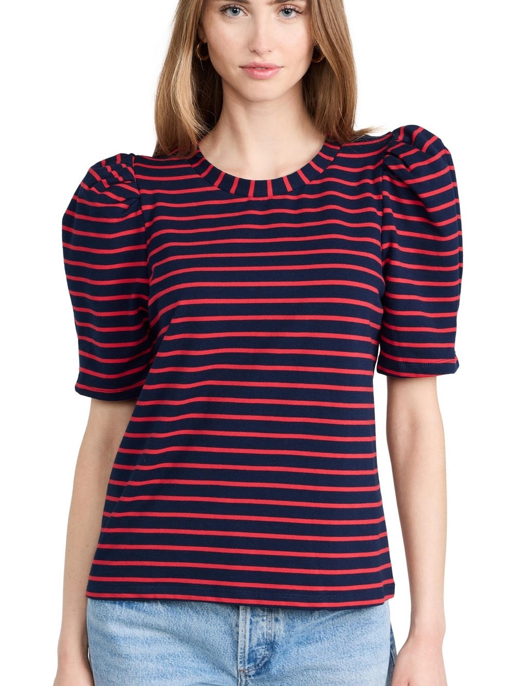 English Factory Stripe Puff Sleeve Top Navy and Red